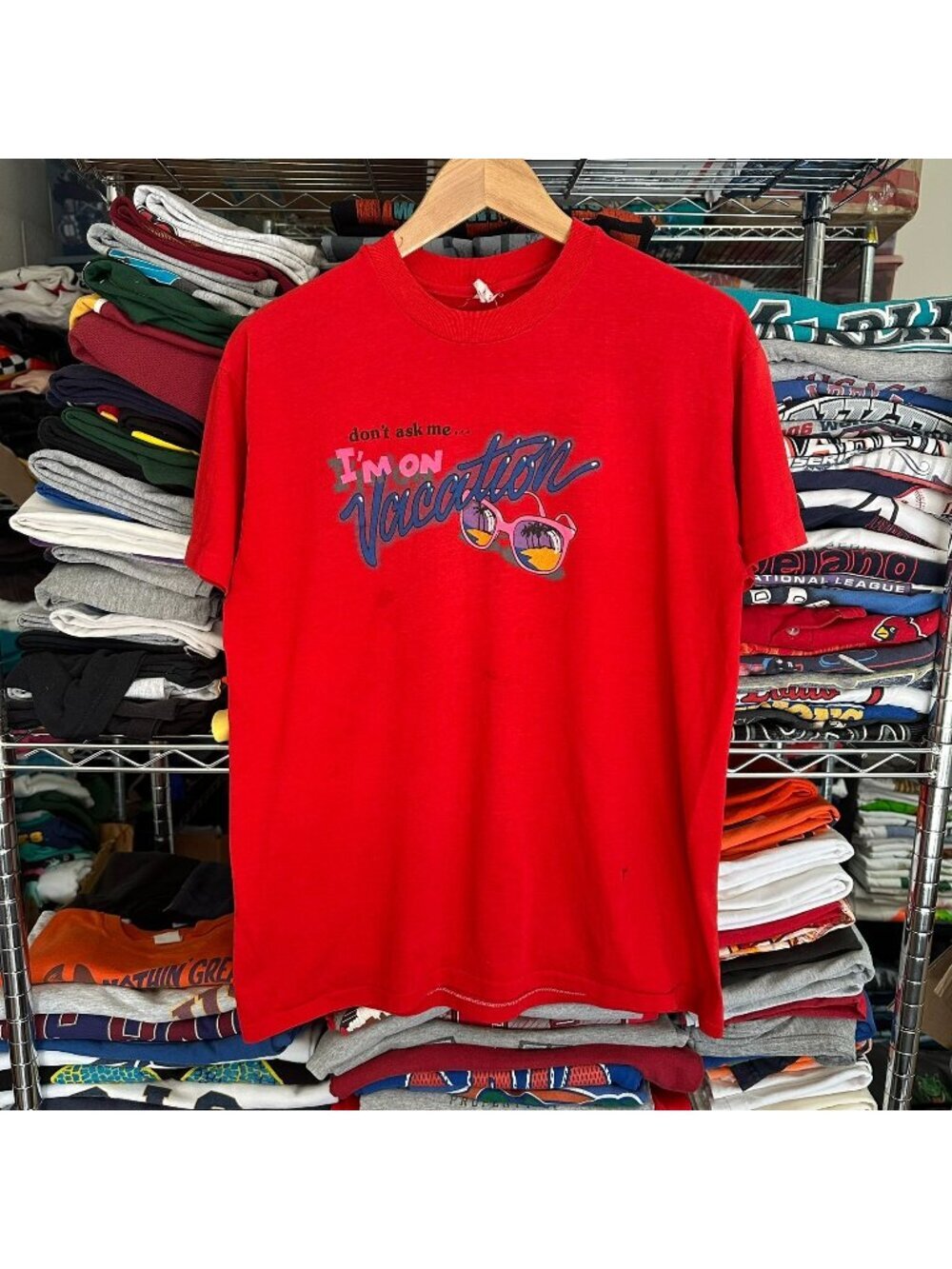 Vintage 80s Vacation Humor T-Shirt Single Stitch Red L Tropical Summer Travel